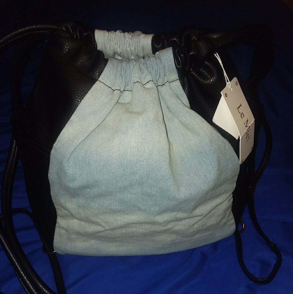 La Miel Light Denim and Black Faux Leather Purse